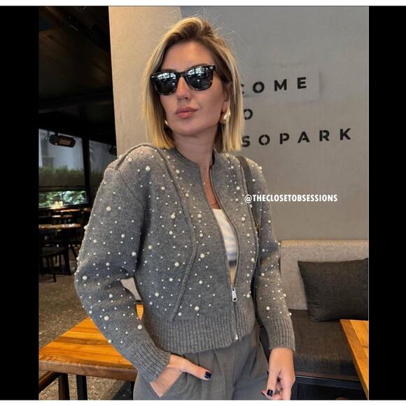 ZARA Wool-Blend Knit Jacket NWT | Gray Pearl Bomber Cardigan - Picture 9 of 12